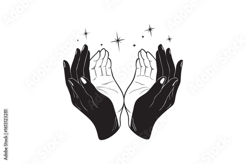 Black and white hands reaching up with magical stars symbolizing duality balance and the connection between opposing forces in a mystical and ethereal design