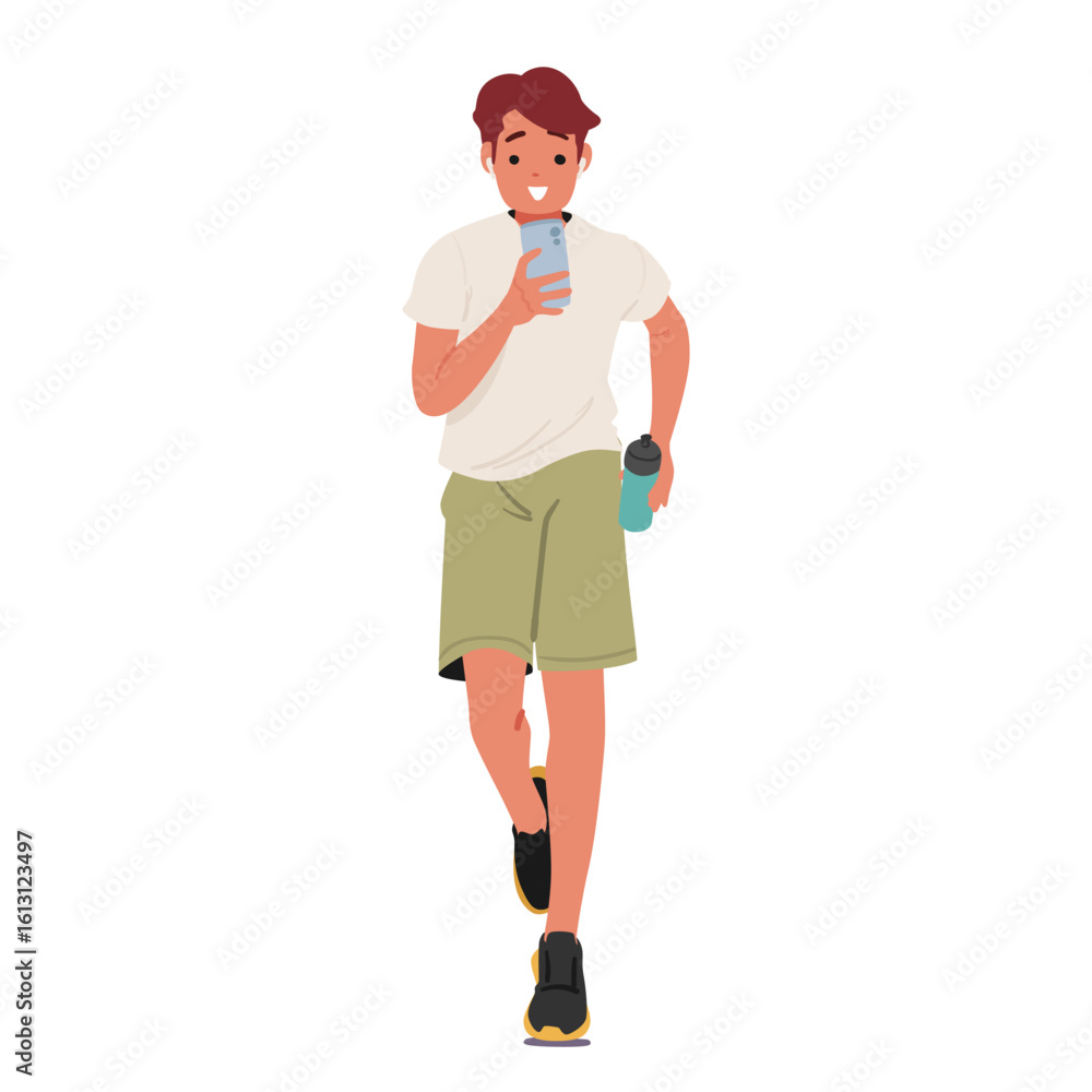 Teenage guy jogger cartoon character recording video blog using mobile phone while running outdoors Teenage guy jogger cartoon character recording video blog using mobile phone while running outdoors