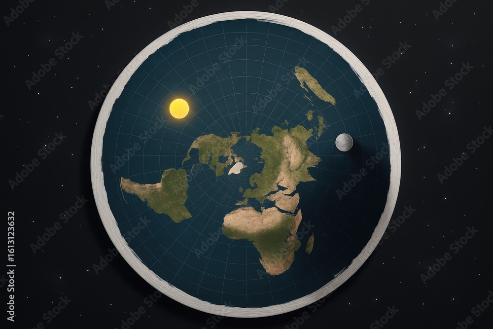 Fototapeta premium Flat Earth Model with Continents Sun and Moon in Space Artistic Illustration