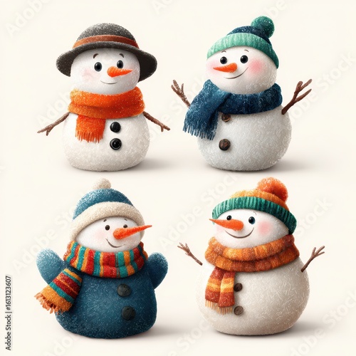 Wallpaper Mural Four cheerful snowmen wearing colorful hats and scarves celebrate winter joyfully in a festive setting Torontodigital.ca