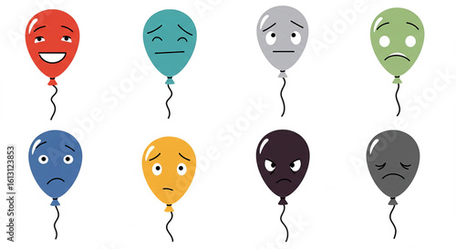 A diverse collection of illustrated balloons with expressive faces, representing a spectrum of human emotions and moods. A conceptual graphic for mental health awareness.