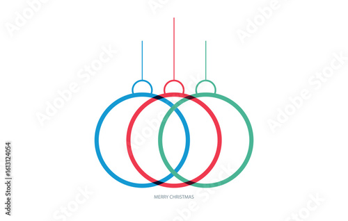 Minimal Line Art Christmas Ornaments in Red, Blue and Green. Modern minimalistic Christmas ornament illustration with overlapping red, blue, and green line circles.