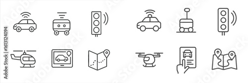 Modern transportation symbols showing vehicles, traffic signals, and navigation tools in a streamlined urban setting