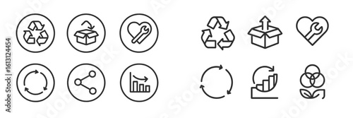 Collection of icons representing recycling, sustainability, and eco-friendly practices in modern design