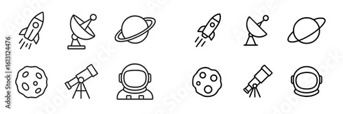 Various space-themed icons including rockets, planets, and telescopes displayed in a clean, minimalist style for educational purposes