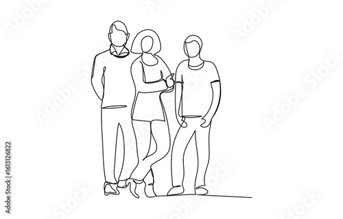 Group of young people sitting on ground together and talking. Friends rest and communicate. Continuous line art drawing style. Minimalist black linear sketch on white background. Vector illustration,