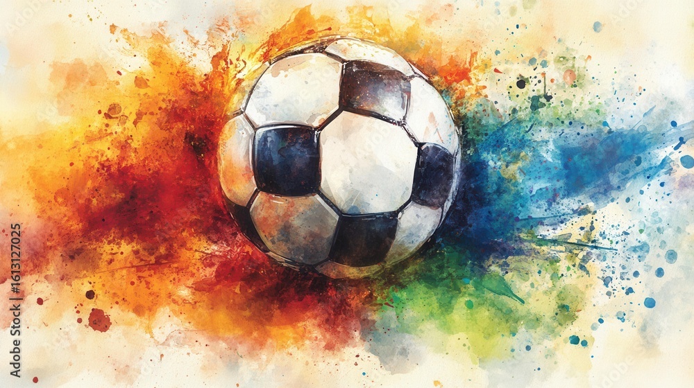Fototapeta premium Colorful soccer ball with vibrant paint splatter on abstract background