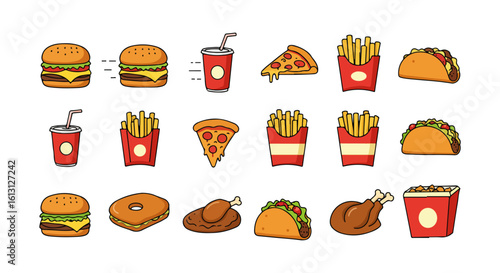 Fast Food Assortment Icon Set, Burger Pizza Fries Vector Pack, Editable Takeaway Meal Icons
