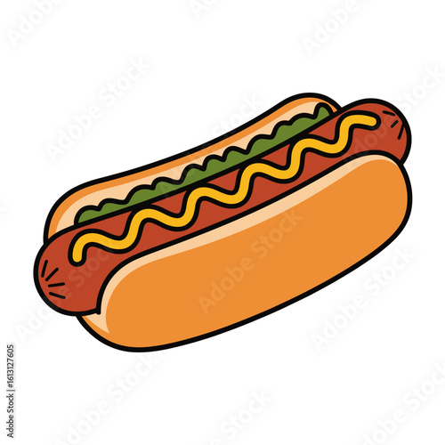 Delicious cartoon hot dog with mustard and relish on a bun isolated on white background simple vector illustration for food lovers