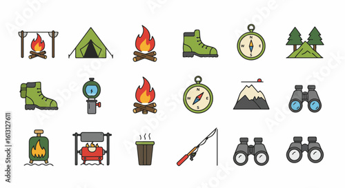 Camping Outdoor Icon Set, Adventure Activity Vector Pack, Editable Hiking Travel Icons