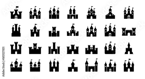 Castle Silhouette Icon Set, Medieval Building Vector Pack, Editable Kingdom Landmark Icons