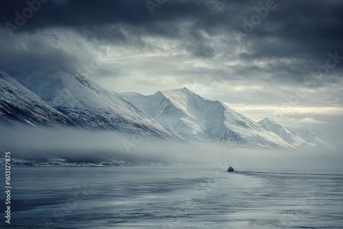 Wallpaper Mural Snowy mountain range, icy lake, and a distant boat under a stormy sky Torontodigital.ca
