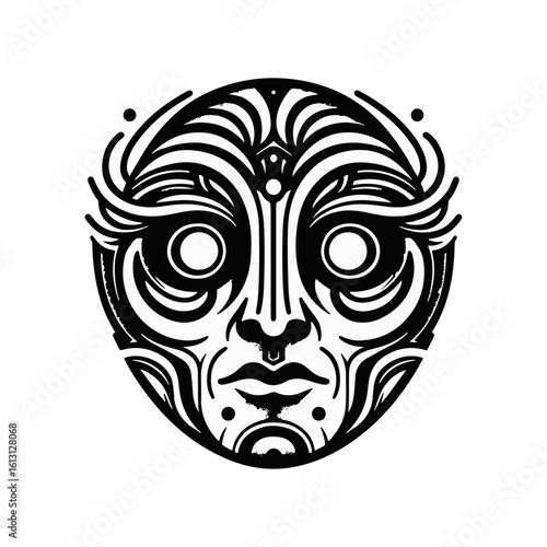 tribal mask of transformation, with dual sides or mirrored expressions