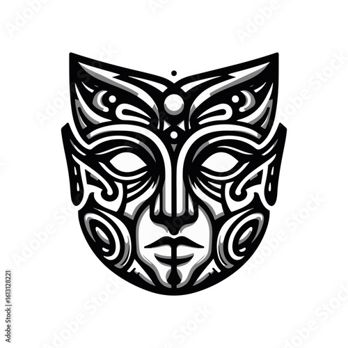 tribal mask of transformation, with dual sides or mirrored expressions