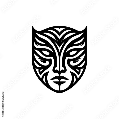 tribal mask of transformation, with dual sides or mirrored expressions