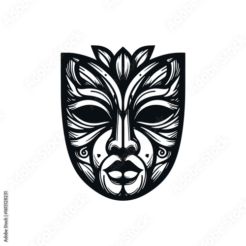 tribal mask of transformation, with dual sides or mirrored expressions