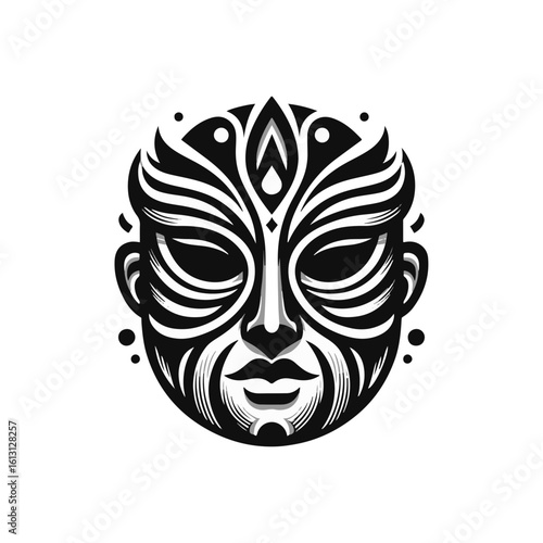 tribal mask of transformation, with dual sides or mirrored expressions