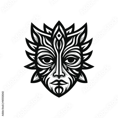 tribal mask of transformation, with dual sides or mirrored expressions