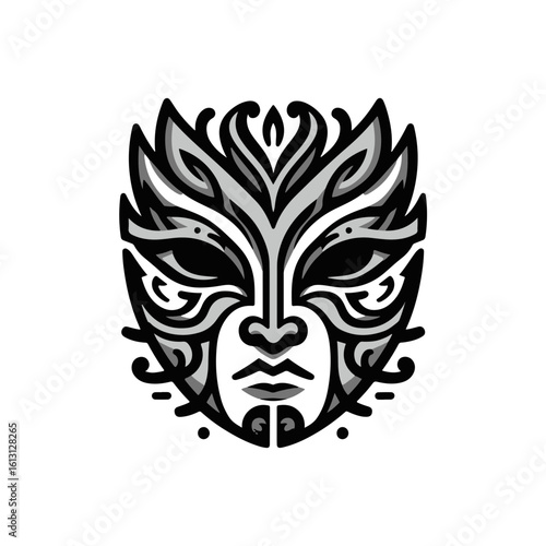 tribal mask of transformation, with dual sides or mirrored expressions