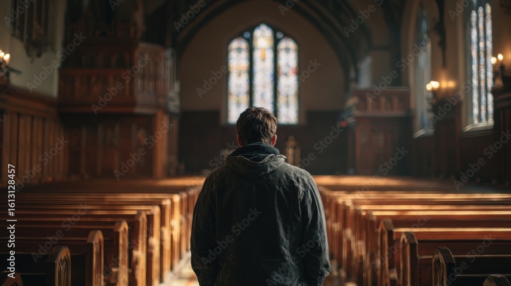 A person sits alone in a dimly lit church, facing away towards stained glass windows and wooden pews in a serene, contemplative atmosphere. A person sits alone in a dimly lit church, facing away towards stained glass windows and wooden pews in a serene, contemplative atmosphere.