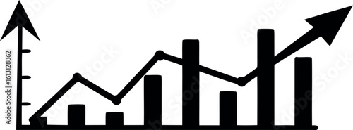 Black bar chart with line graph and upward arrow silhouette vector illustration