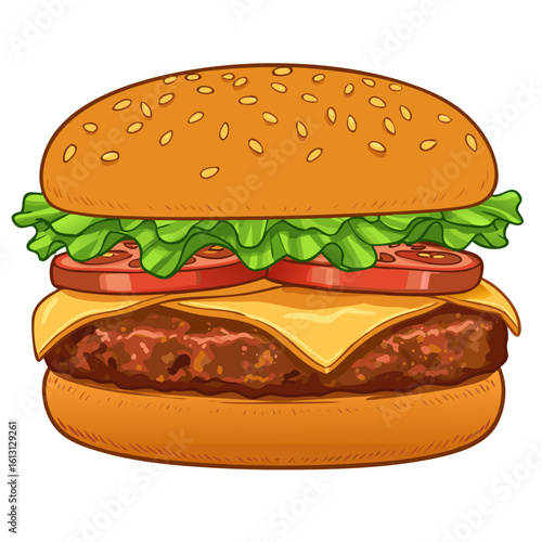 Hamburger with cheese, lettuce, and tomato on sesame seed bun  