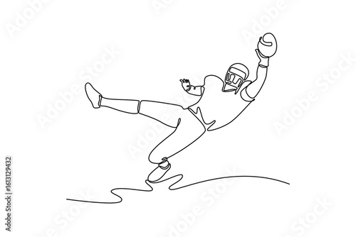 Continuous one line drawing front view young American football player catches the ball and flies in the air. Professional career sport male person. Single line draw design vector graphic illustration