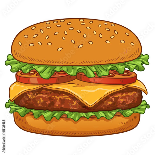 Classic cheeseburger with lettuce, tomato, and sesame seed bun  