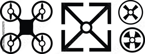 Black drone propeller and directional arrows icons quadcopter rotor vector bundle collection set pack object template elements icons clipart illustration editable flat minimal modern banner poster obj