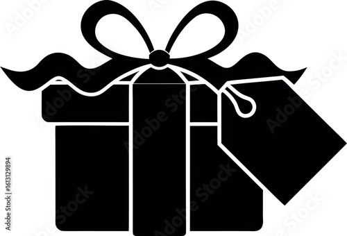 Black gift box with ribbon and tag silhouette vector illustration