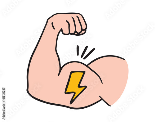Strong muscle power concept with lightning icon doodle hand drawn. colorful cartoon line drawing clipart symbol