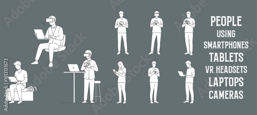 Minimal Outline Vector Illustrations of People Using Smartphones, Tablets, VR Headsets, Laptops, and Cameras – Clean Hand-Drawn Style for Technology, Architecture, and Lifestyle Design Use