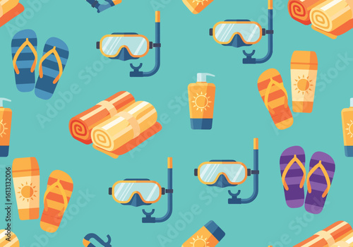 Summer themed pattern featuring flip flops, rolled towels, sunscreen bottles, and snorkeling masks on a teal background.