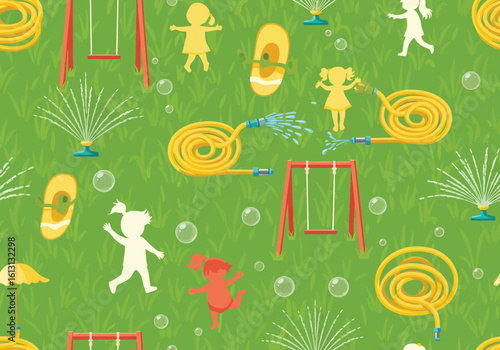 Happy children playing in a vibrant summer park, enjoying swings, sprinklers, and bubbles.