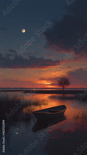 Red and orange sunset sky reflects on the calm sea and lake water, a beautiful evening and orange sunset sky reflects on the calm sea and lake water, a beautiful evening landscape