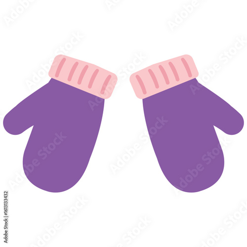 Winter mittens vector, cute purple gloves with pink cuffs for cold weather, seasonal clothing illustration for holiday, cozy outfit and snow protection

