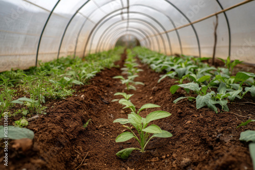 A set of healthy young plant with bright green leaves emerges from the dark soil under a white plastic tunnel that protects them, illuminated by soft natural light.