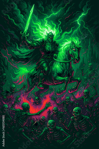 Dark fantasy digital illustration of a flaming death knight riding a spectral horse, wielding a glowing green sword above a horde of undead skeletons.