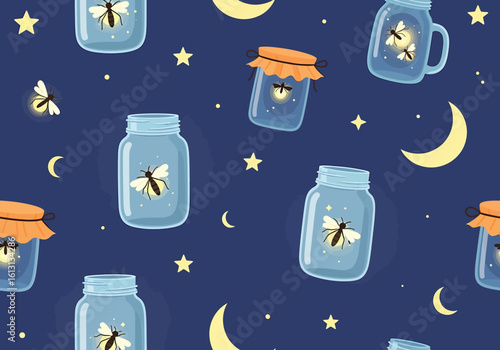 Whimsical seamless pattern of glowing fireflies captured in jars under a starry night sky with crescent moons.