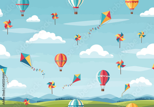 Colorful hot air balloons, kites, and windmills soar across a bright blue sky with puffy white clouds, a peaceful summer scene.
