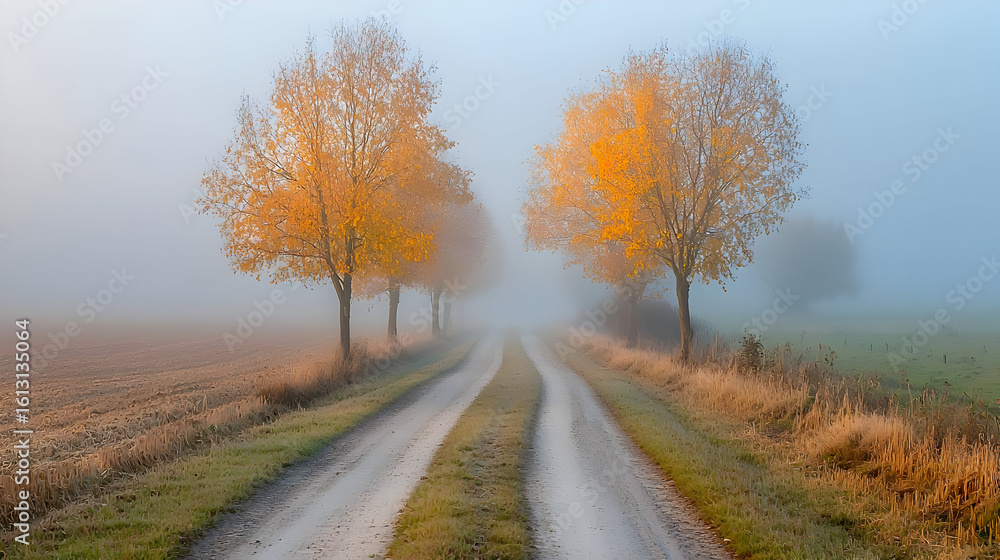 Misty Autumn Road: Golden Trees Line Foggy Path in Rural Landscape Misty Autumn Road: Golden Trees Line Foggy Path in Rural Landscape