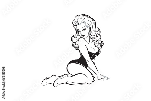 Elegant Pin Up Girl Illustration A striking black and white vector art featuring a glamorous woman in a classic pose perfect for vintage inspired designs