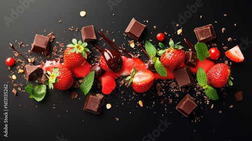 Elegant row of strawberries dipped in dark chocolate with scattered chocolate squares and shavings