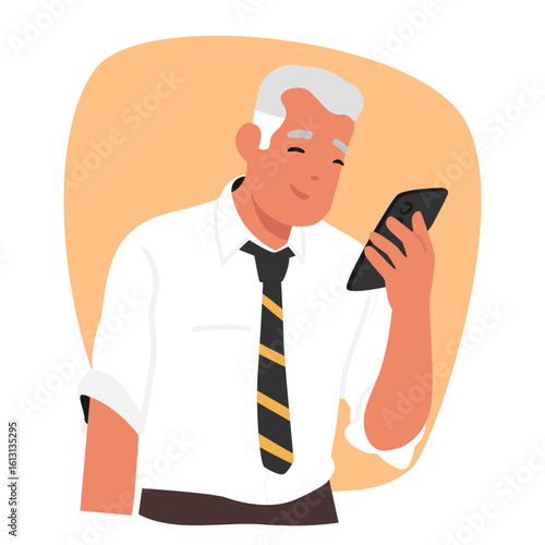Senior businessman cartoon character looking at mobile phone device screen with nice smile