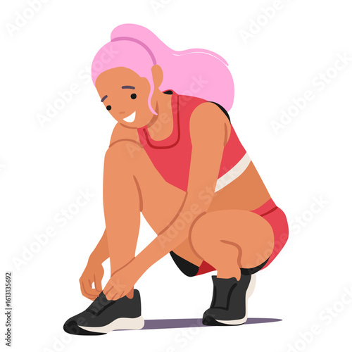 Trendy fashion teenage girl cartoon character tying shoelaces getting ready for running workout
