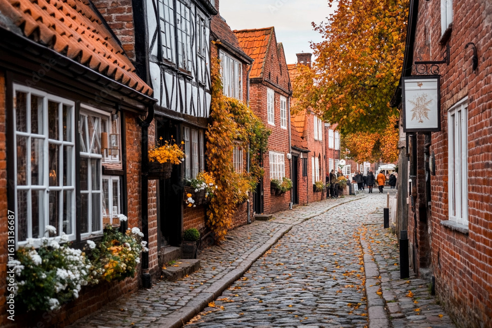 Fototapeta premium Cobblestone street decorated with autumn trees and charming homes in a quaint village