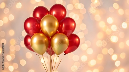 Festive bunch of red and gold balloons with bokeh lights background