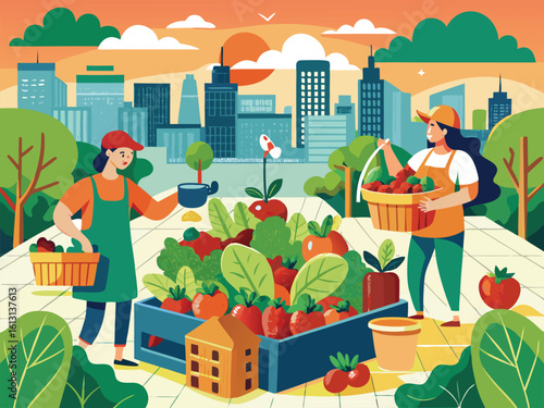City dwellers tending urban garden with fresh produce urban gardening city farming