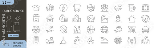Public Service icons set. Includes icons for emergency, health, safety, transport, sanitation, water supply, waste management, and social welfare. Perfect for civic and community content.