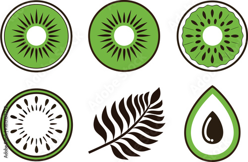 Fresh kiwi slices and avocado half with leaf illustration